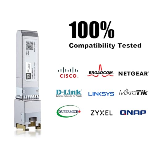 Image of H!Fiber 10Gb SFP+ RJ45 Transceiver, 10Gbase-T SFP+ Ethernet Module Support 10G /5G /2.5G /1.25G, Compatible with Cisco SFP-10G-T-S, Ubiquiti, UniFi, D-Link, Meraki, MikroTik,Supermicro and More, 30m