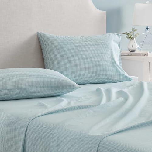 Image of Martha Stewart - Twin XL Size Sheet Set, Breathable Cotton Percale Bedding with Matching Pillowcase, Fully Elastic Fitted Sheet, Deep Pocket, Crisp & Cooling All-Season Comfort (Small Gingham Blue)