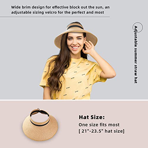 Sun Visor Hats For Women, Summer Beach Hat With Wide Brim, Adjustable Sun Uv Upf50+ Protection Visor Hat, Roll Up Ponytail Hat Packable Foldable For Travel Vacation A-Khaki #TOP3