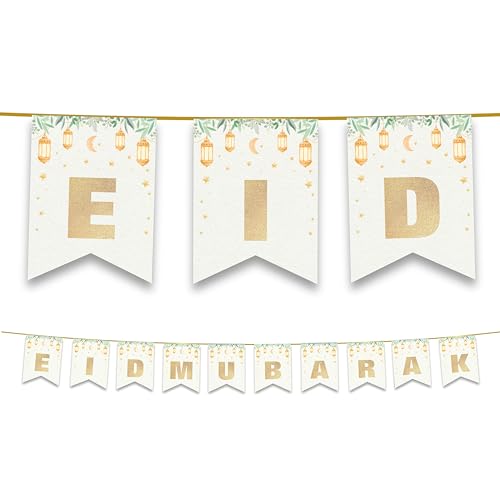 Eid Mubarak Bunting Party Flags Decorations (Green Leaves Lantern) - Happy Eid Party Banner Hanging Decor for Home Domes Lanterns Moon Star