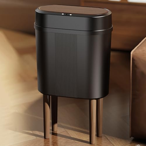 Image of House of Quirk 12L Trash Can with Lid & 4-Leg Stand | Slim Modern Plastic Dustbin for Bathroom, Kitchen & Bedroom | Durable Oval Waste Bin (Grain Black)