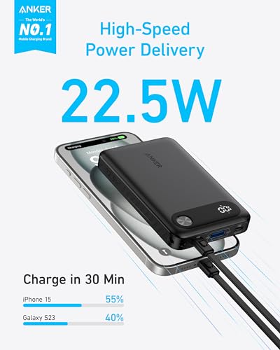 Image of Anker Power Bank, 10,000mAh Portable Charger with Built-in USB-C Cable and Lanyard, 22.5W Max Output with 2 USB-C and 1 USB-A Port, Battery Pack for iPhone 15 /14, Galaxy S23, iPad, AirPods, and More