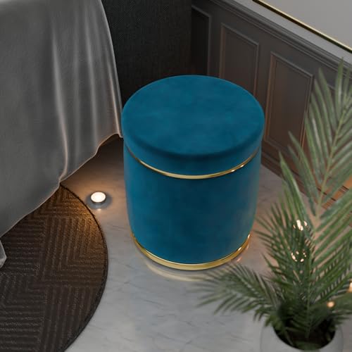 Image of ETIQUETTE ART Upholstered Velvet Round Dual Strip Ottoman Office Stool Foot Rest Stool Linen Fabric Padded Seat Pouf Ottoman with Round Shape for Living Room (Aqua)