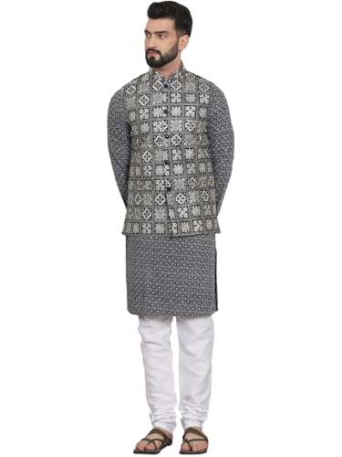 Image of SOJANYA (Since 1958 Men's Cotton Contrast Embroidered Kurta and White Pyjama with Embroidered Nehru Jacket