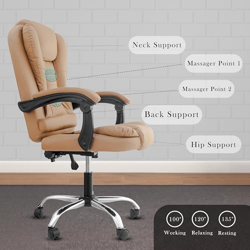 Image of Casa Copenhagen Italia Premium Leatherette Office Chair for Work | Boss Chair, Ergonomic Executive, Luxurious Cushioned Arms & Seat, 2 Point Back Massager, Heavy Duty Metal Base (Beige)
