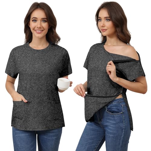 Liokoc O-Dual Zipper Shoulder Surgery Shirt for Women Adaptive Top with Pockets Rotator Cuff Recovery Shirt Dark Grey