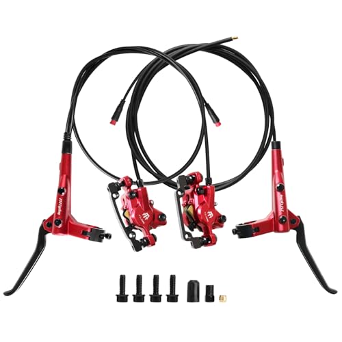 Exceedhub E-Bike Hydraulic Disc Brake Set 2-PIN 2-Pistons Electric Power-Off Hydraulic Brakes Set Left Front 950mm Right Rear 1880mm Pre-Bled with Mineral Oil Brakes Kit for eBike MTB Scooters