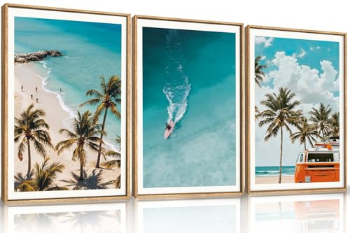LHIUEM Large Nature Surfboard Beach Framed Canvas Wall Art,Summer Ocean Surfing Wall Decor,Palm...