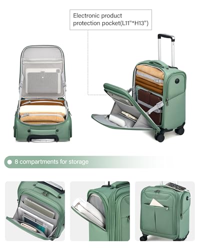 Image of Hanke 45CM Small Soft Shell Cabin Trolley Bags, 8 Silent Spinner Wheels,Charging Port, 8 Storage Compartments, Lightweight Compact Carry-On Luggage for Short Trips & Overnight Use,Forest Green