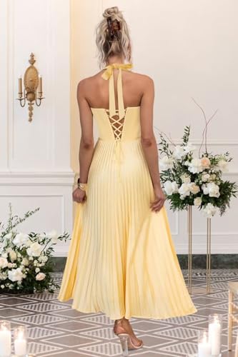 Women's Halter Pleated Satin Bridesmaid Dresses Tea Length Maxi Formal Evening Dress VS2422
