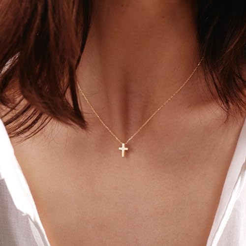 HANLI Cross Necklace, 14k Gold/Silver Plated Dainty Cross with Cubic ZirconiaStone2