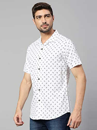 Image of HammerSmith Men's Printed Slim Fit Cotton Casual Shirt with Camp Collar and Short Sleeves