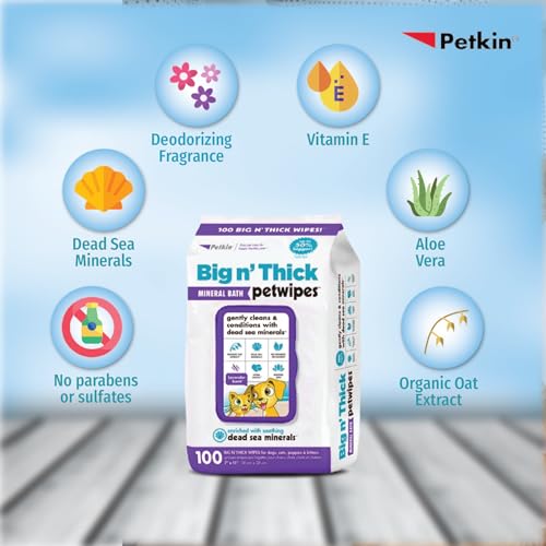 Image of Petkin Petwipes Big 'n Thick Extra Large Pet Wipes for Dogs and Cats Cleans Face, Ears, Body and Eye Area Super Convenient, Ideal for Home Or Travel-18 X 28 Cm | Big N Thick Mineral Wipes