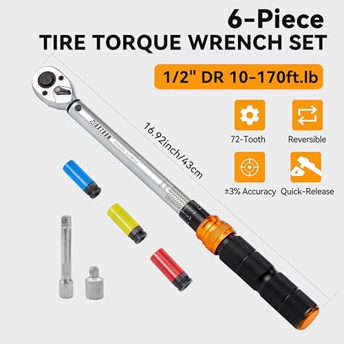 Image of Car Wheel Torque Wrench Set, 6-Piece Tire Change Kit, 10-170 ft-lb