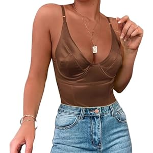 Velius Women's Sexy Metallic Shiny Bodysuit Tank Tops for Night Club Going Out Brown Small