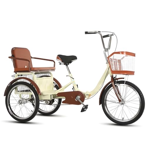 KIBONCY Triciclo para Adultos, Triciclo de Crucero de 20 Pulgadas, Cesta de Carga Plegable y Asiento cómodo, para Bicicletas de 3 Ruedas para Ancianos con Respaldo F
