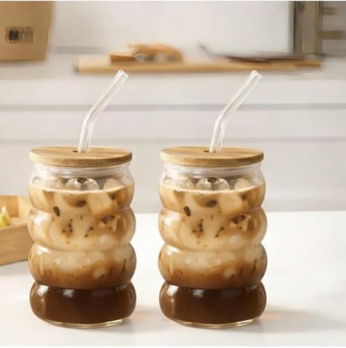 Image of SUANI Bubble Shape Glass Tumbler with Lid and Straw, 500ml Transparent Drinking Glass Cup for Iced Coffee, Cold Coffee, Juice, Smoothies, Milk, Tea and Beverages, Drinking Tumbler Pack of 1
