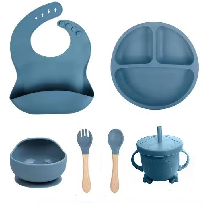 Silicone Baby Feeding Set 6 PCS (Blue) | Suction Plate, Suction Bowl, Adjustable Bib, Sippy Cup with Straw, Baby Spoon & Fork,BPA Free Food Grade Silicone Feeding Set-image-11