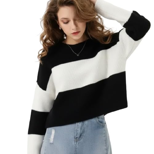 Women’s Colorblock Sweater Pullover | Black White Knit Full Sleeve Winter Top-picture-17