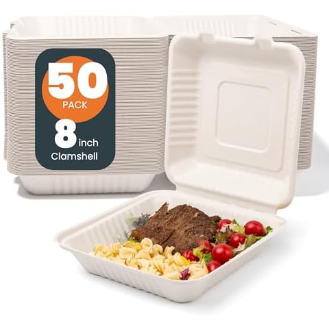 hooray mida togo Containers Disposable - 8"x8" 1-Compartment 50pcs clamshell Take Out Food Containers 100% Compostable, White Biodegradable Meal Prep Box, To Go Containers with Lids for Food Cover