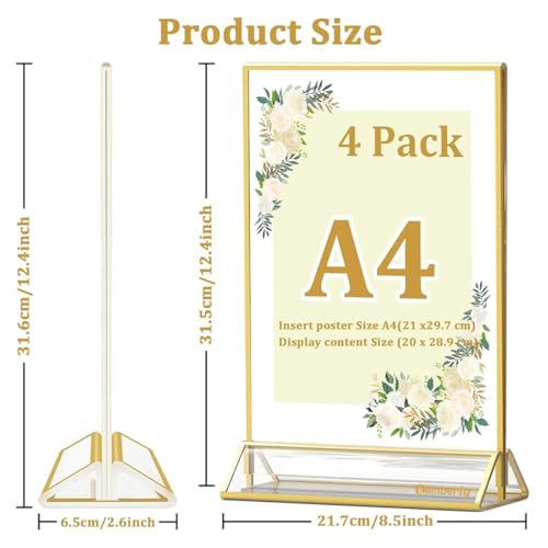 Image of Climberty 4 Pack Acrylic Gold Sign Holder, Double Sided A4 Menu Stand, Clear Vertical Table Display for Restaurant Menus, Office Flyers, Acrylic Photo Frame, Desk Brochure Holder