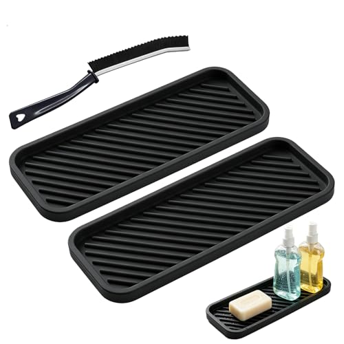 PDKKFF 2Stk Silikon Spülbecken Organizer, 23x9cm Schwammhalter Spülbecken Ablage Schwammablage Küche, Schnelltrocknende Abtropfmatte Spüle Schmal, Seifenschalen für Schwämme Seife Spülmittel, Schwarz