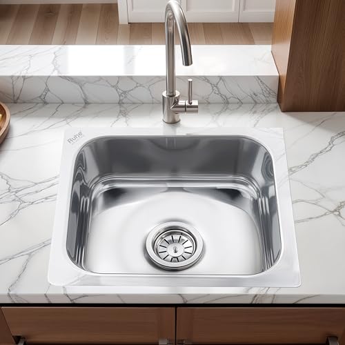 Image of Ruhe Hydraulic Square Single Bowl Kitchen Sink - 15x12x6 inches | 304-Grade Stainless Steel Sink with Glossy Finish | Kitchen Sink Including Coupling and Waste Pipe