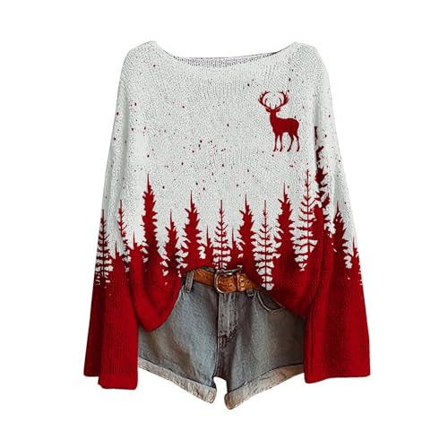 Suéter de Navidad para mujer, talla grande, tejido con hombros caídos, diseño de coníferas, renos, suéter de Navidad, rosso, L