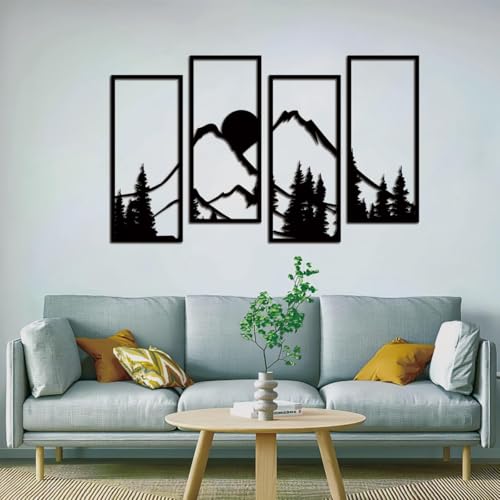 Metal Sunset Mountain Forest Wall Decor Set of 4, Minimalist Line Drawing Large Mountains Wall Art Home Decor for Living Room Bedroom Office…