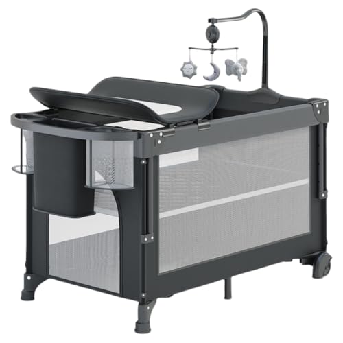 Nihig ベビーベッド 多機能折りたたみおむつテーブル、折りたたみベビーベッド 添い寝ベッド モバイルベビーフレーム 4段階高さ調節 2層ゲームモード+360°回転キャスター付き、移動可能、組み立て不要 ワンクリック収納 耐久性 新生児 プレゼント 出産
