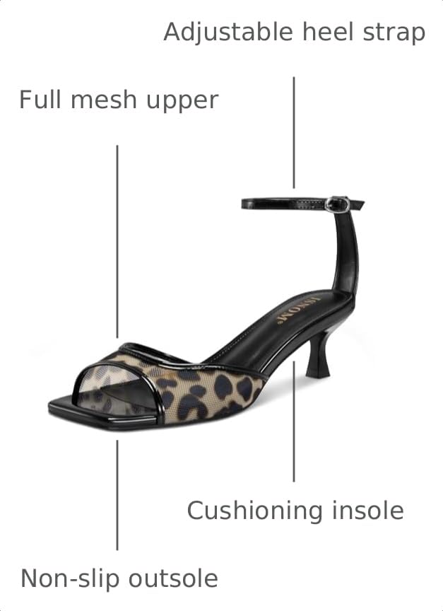 Image of ISNOM Women's Mesh Square Toe Kitten Heel Sandals Ankle Strap Dress Shoes | Kitten Heels with Mesh Upper, Square Toe, Low Heels Comfort Design, Stylish Dress Sandals for Daily Wear