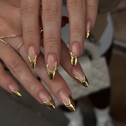 Gold French Tip Press on Nails Medium Almond False Nails 3D Gold ...