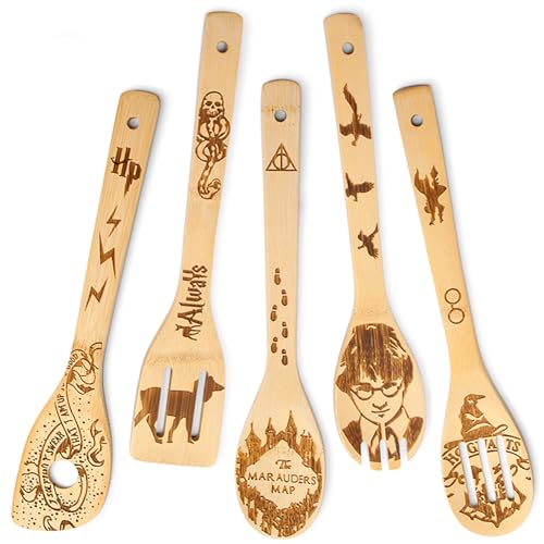 Juego de 5 cucharas de madera para cocinar, decoración de cocina de Harry Potter, espátula de bambú HP para accesorios de cocina de granja, regalos para inauguración de la casa, boda, Navidad
