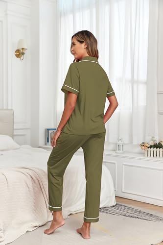 Image of COLORFULLEAF Women's 100% Cotton Pajamas Set Button Down Sleepwear Short Sleeve Shirt and Long Pants Soft Ladies Lounge Sets