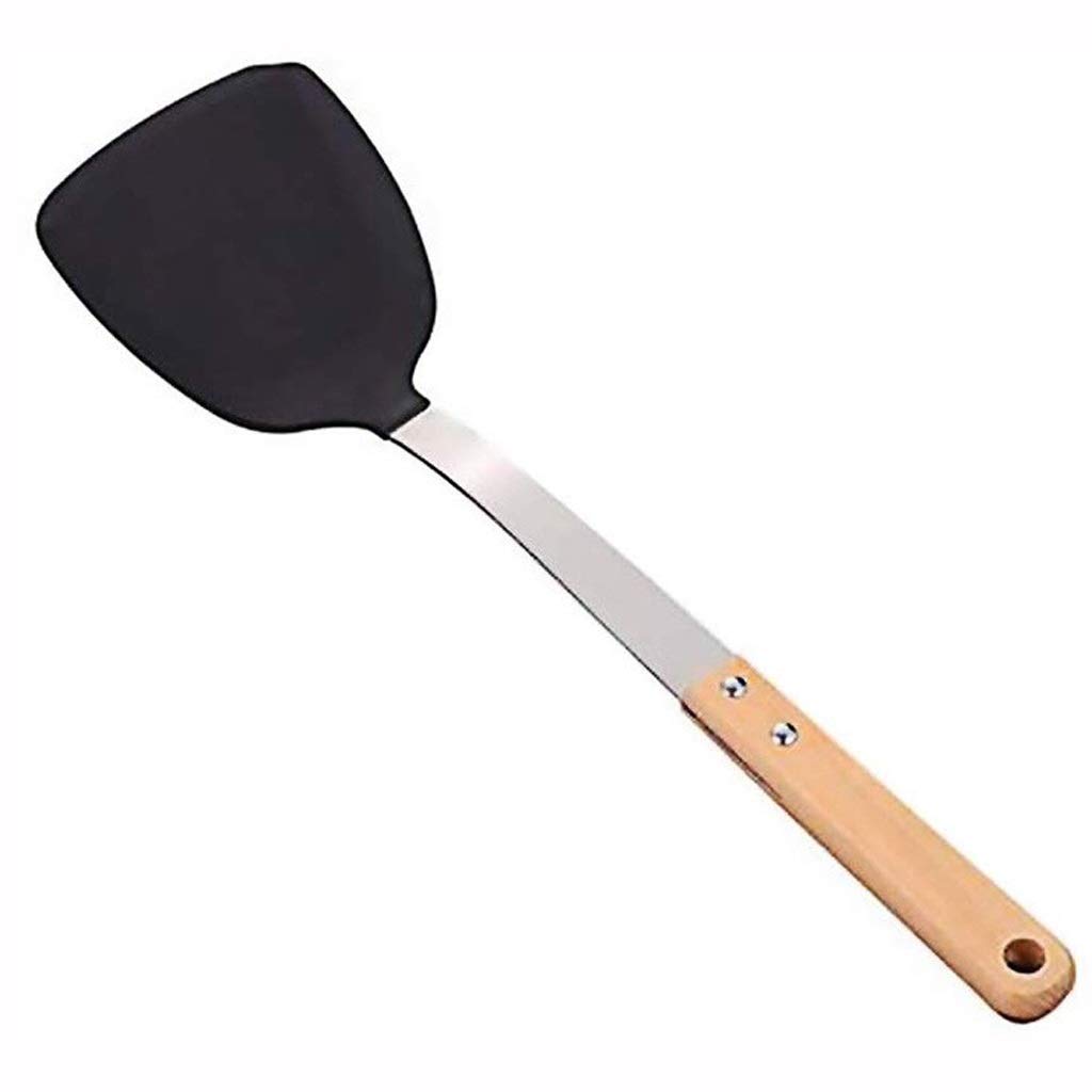 Pfannenwender aus Edelstahl - Antihaft-Silikon-Wok-Spatel mit hitzebeständigem Holzgriff, korrosionsbeständige, langlebige Wok-Utensilien Küchenwerkzeuge