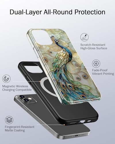 Image of Goodon for iPhone 12 Mini Case Cute - Wireless Charging Compatible - Dual-Layer Hard Shell + Silicone Cover - Protective Phone Case with Trendy Designs for Women - Peacock and Flower