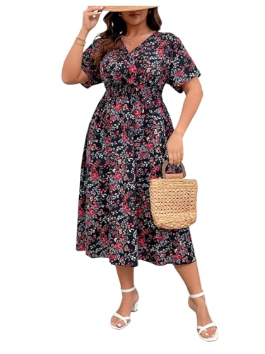 Image of Floerns Women's Plus Size Boho Hawaiian Tropical Dresses V Neck Short Sleeve Floral A Line Long Dress Vacation Beach Outfits