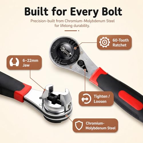 Image of Homero Adjustable Ratchet Wrench 6-22mm Universal Spanner Tool | 60 Tooth Quick Ratchet Mechanism | Chrome Vanadium Steel Multi Size Wrench | Plumbing, Car Repair, Home Maintenance Hand Tool