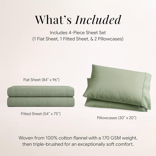 Image of Tribeca Living Triple Brushed Soft Cotton Flannel Sheets Set, Full Size 170-GSM Weight Extra Deep Pocket Sheet in Solid Green Color