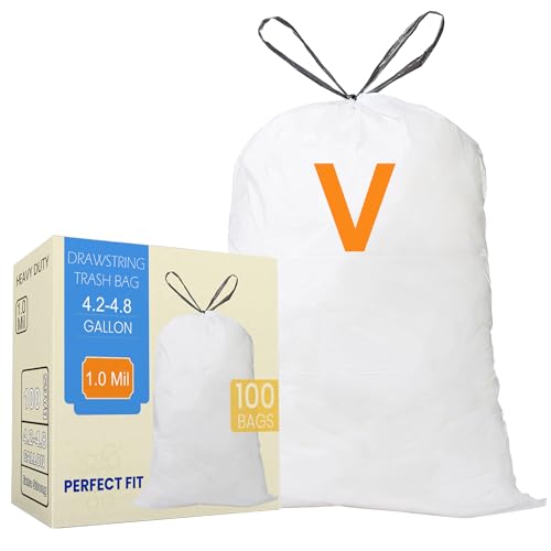 Image of Code V 100 Count 4.2-4.8 Gallon Heavy Duty Drawstring Trash Bags Compatible with simplehuman Code V Garbage Can Liners 4.2-4.8 Gallon 16-18 Liter White