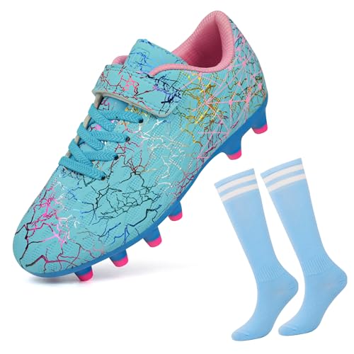 brooman Kids Firm Ground Soccer Cleats Boys Girls Football Cleats with Soccer Socks (9,Blue)