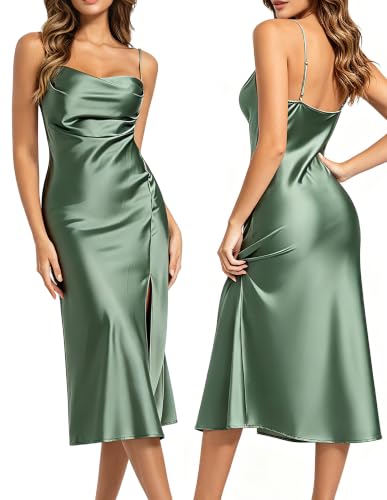 Image of Wedding Guest Dress for Women Spaghetti Strap Satin Slip Dresses | Slit Midi Dress, Cowl Neck, Cocktail, Formal, Evening Party