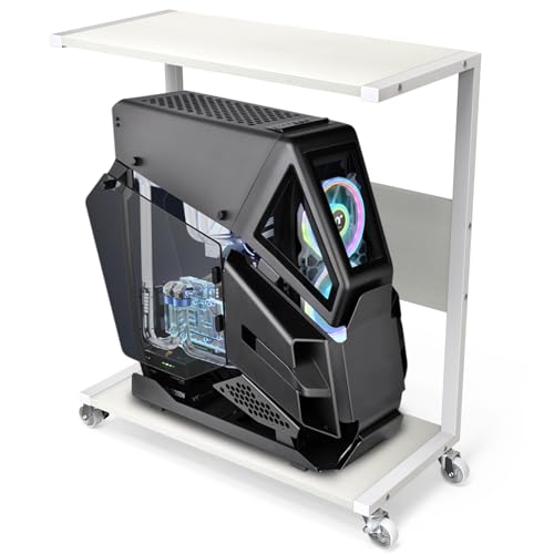 360Tronics Computer Tower Stand, Upgrade 2-Tier Extra Large Gaming ATX-Case Storage CPU Holder Cart with Rolling Wheels, Mobile PC Standing Table for Home and Office, White