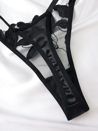 Image of Sexy Floral Embroidered Flower Mesh Underwire Push Up Lingerie Set