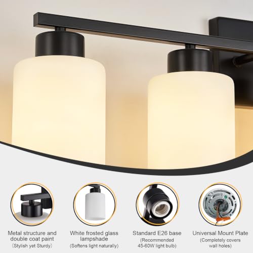Image of FonmYim Black Bathroom Light Fixtures, 6-Light Modern Vanity Light Over Mirror, Wall Sconces with Milky White Frosted Glass Shades, E26 Socket (Bulbs Not Included)