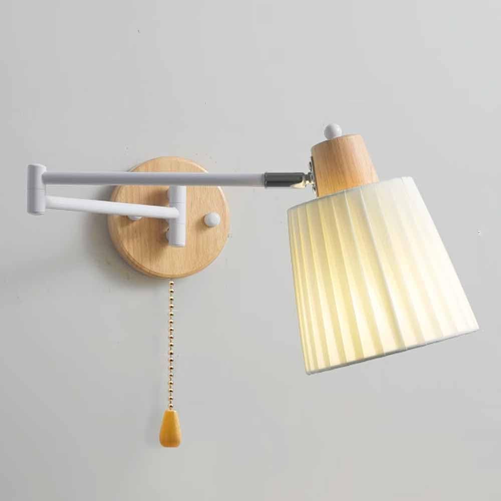HELCEKOU Nordic Swing Arm Wall Lamp with Pull Chain Switch Adjustable Fabric Shade Wood Decor Plug in Bedside Reading Sconce for Living Room Hallway Double Section Mount Light Fixture