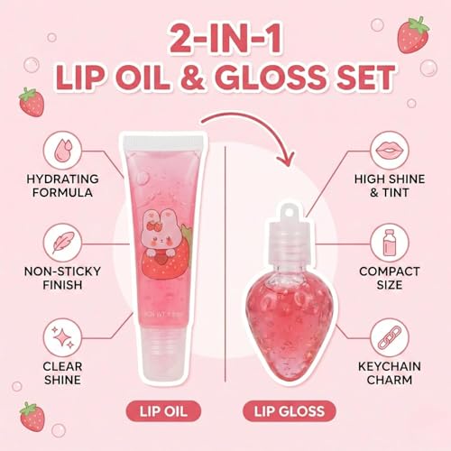 Image of SMART BEAUTY Cute Strawberry Bunny Lip Gloss Set with Keychain - Moisturizing Glitter Lip Gloss for Girls & Teens, Kawaii Travel Size Lip Balm Pack Of 2