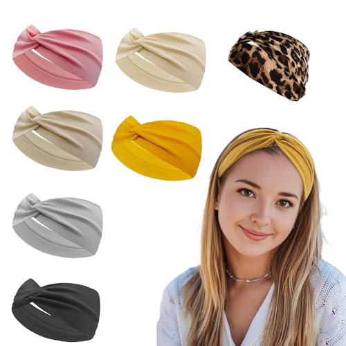 7 Cintas para el Cabello Elásticas para Mujeres,Diademas Deportivas Antideslizantes,Accesorio para el Cabello Ancho y Suave,Estampado de Leopardo,Cinta con Nudo Retorcido para Yoga,Entrenamiento
