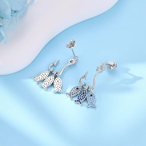 Fish Earrings Sterling Silver Stud Dangle Earrings with Fish Hook Ocean Animal Jewelry for Women Mom3