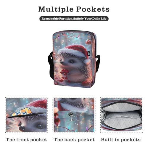 Crossbody Bag Cute Hedgehog Christmas Hat Messenger Bag for Women Men Purse Shoulder Bag Satchel Bag with Adjustable Strap 202b98742